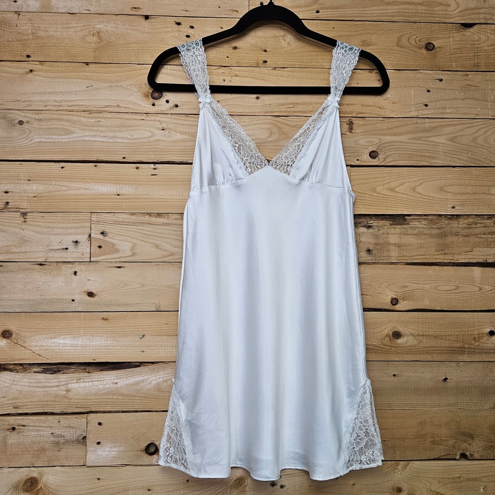 Victoria's Secret White Satin Lace Trim Slip Nightgown Dress Small